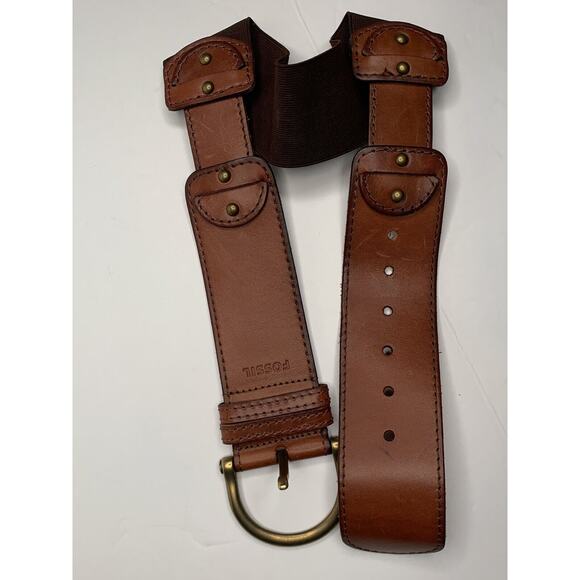 Women’s Fossil Brown Leather Wide Belt Stretch- Leather Sz Small - Picture 1 of 11